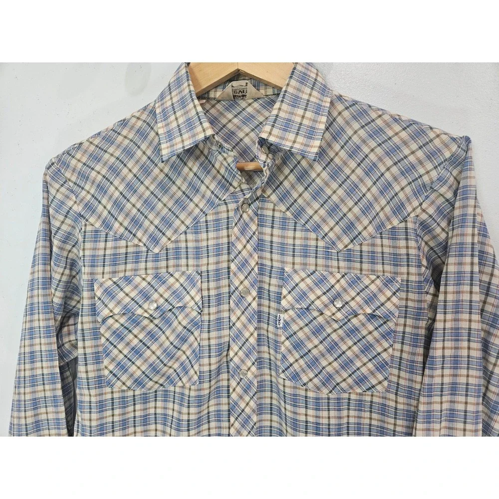 Vintage Levis Sportswear Mens Medium Blue Plaid Pearl Snap Western Shirt 70s